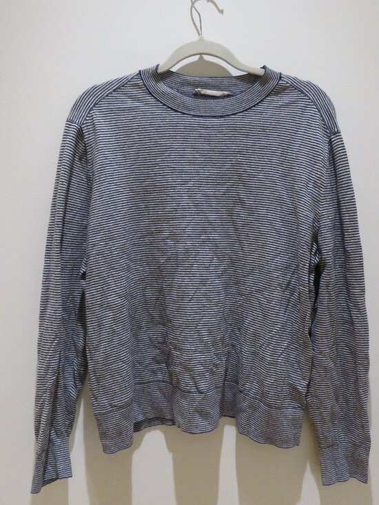 EVERLANE The Organic Cotton Slim Crew Sweater Micro Stripe XL Preppy Minimalist - Picture 2 of 13